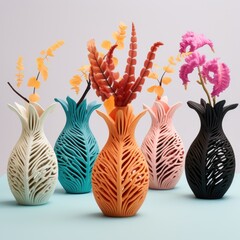 Craft 3D printed vases with Mexican-inspired designs to hold vibrant flowers for decoration on white background