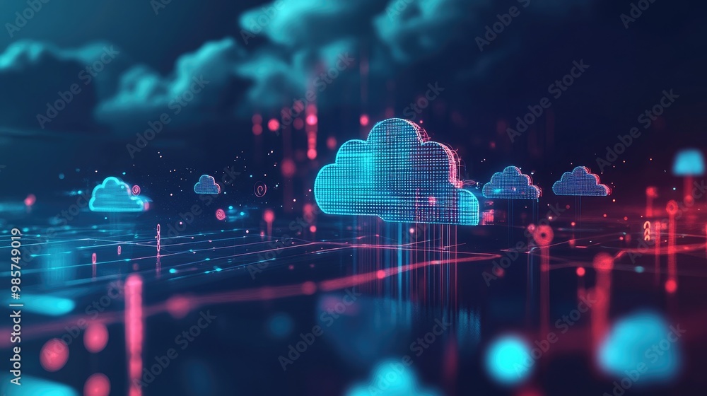 Poster cloud-based solutions illustrated through interconnected icons and data lines, representing how busi