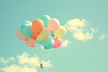 Colorful balloons floating in the blue sky with clouds and copy space