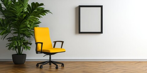 A blank frame hangs on a white wall, a yellow office chair sits nearby, and a potted plant adds a touch of greenery to the room.