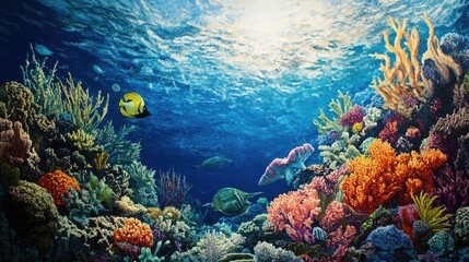 Naklejka premium Coral reef biodiversity with different marine species interacting, symbolizing ecological balance.