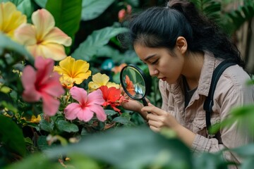 A young woman examines vibrant flowers with a magnifying glass. Nature exploration brings joy and discovery. Capturing beauty in gardens and parks inspires creativity. Generative AI
