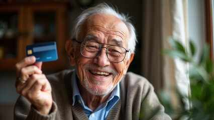 An elderly man with glasses smiles broadly while holding a credit card. He is seated indoors, surrounded by soft morning light, creating a warm atmosphere that highlights his cheerful demeanor and joy