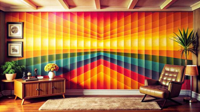 A vibrant, geometric mural dominates this mid-century modern living room with warm hues and bold patterns. The furniture placed in the space, creating a retro atmosphere. AI generated.
