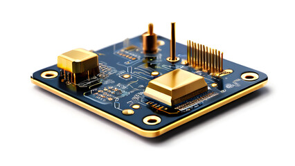 Computer microchip with gold pins and circuit details isolated on transparent background
