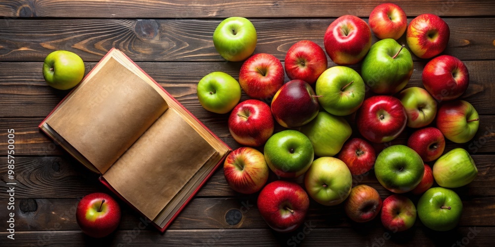 Poster open book with red and green apples scattered over a dark wooden background