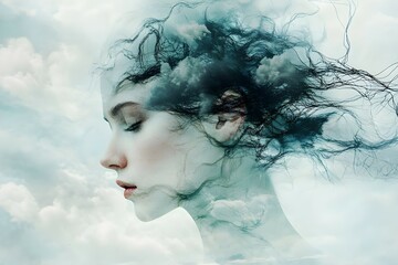 portrait of a woman representing anxiety and depression: White background, Generative AI.  