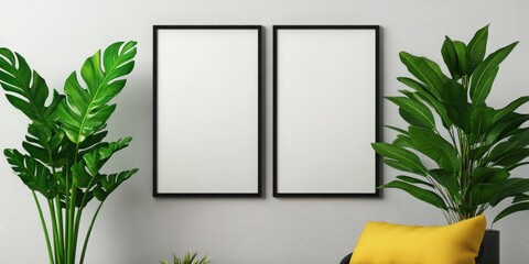 Two blank frames are ready to be filled with artwork in a minimalistic home office setting.