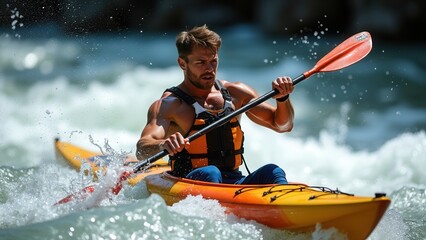 Fototapeta premium A strong individual paddles fiercely in a bright kayak through fast-moving waters, epitomizing outdoor adventure, physical fitness, and the thrill of navigating nature's challenges.