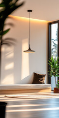 Serene modern interior with natural light, minimalist seating, and lush greenery in a spacious living area