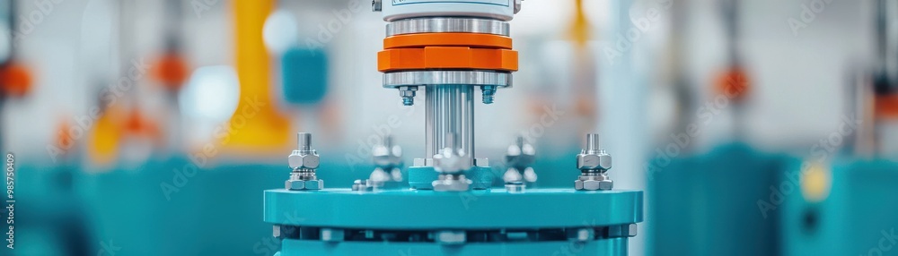 Poster modern industrial valve showcasing precision engineering in a factory setting for applications in ma