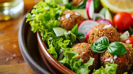 Vegetarian meatballs with fresh salad on a wooden background.