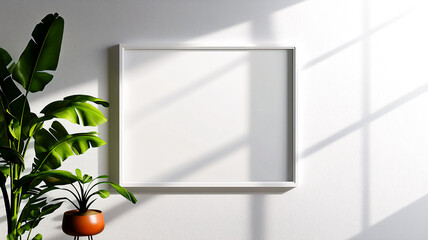 Blank white rectangle horizontal frame mockup on white wall with window shadow