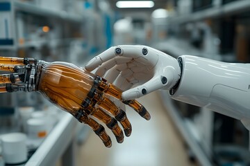 Human and AI collaboration in a high-tech lab, seamless integration of technology and biology