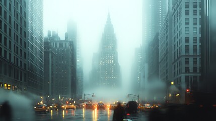 Obraz premium A misty city street with traffic and tall buildings.