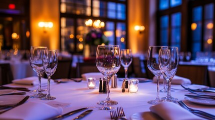 Fototapeta premium Elegant corporate event venue with sophisticated table settings and ambient lighting, highlighting a professional and upscale atmosphere.