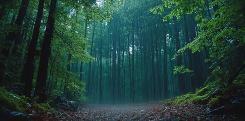 A misty forest path lined with tall trees, drenched in heavy rain. The scene is a tranquil, moody composition.