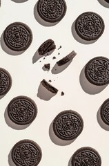 Delicious chocolate cookies scattered across a white surface, some halves and crumbs adding a playful touch to the delightful arrangement