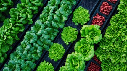 Aerial view of a hydroponic farm with rows of vegetables
