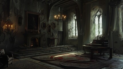 Gothic Room Interior in an Ancient Castle with Dramatic Lighting, mysterious ambiance.