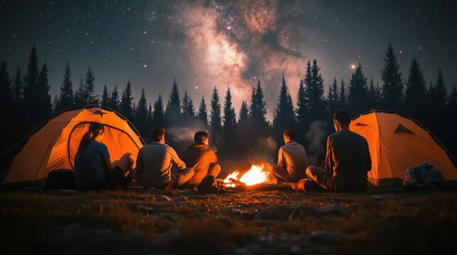 Night Camping Under Starry Sky and Milky Way, Group of Friends by Campfire, Tent in Foreground, Clear Night in Mountain Forest, Scenic Stargazing Experience, Beautiful Nighttime Landscape Photography