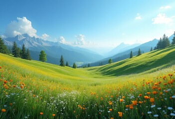 Fototapeta premium Verdant Meadow with Vibrant Flowers and Mountain Range