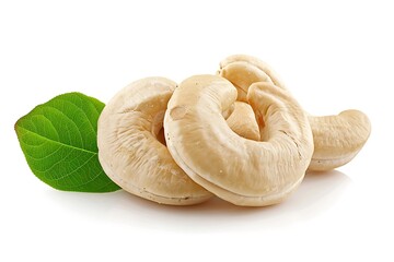 Fresh cashew nuts with green leaves isolated on a white background.