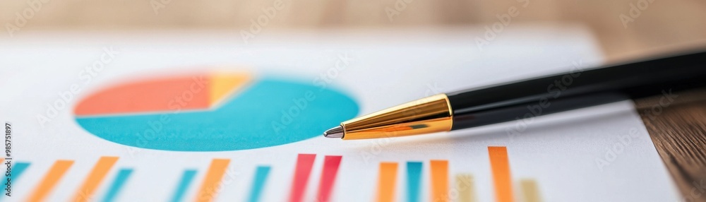 Poster pen resting on a financial report with colorful charts and graphs showcasing data analysis.