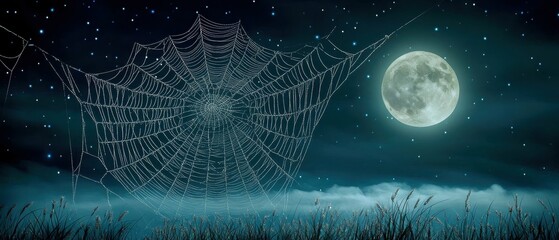 Moonlit web in serene night landscape.