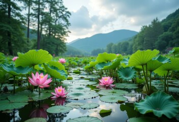Pond with Lily Pads and Lotus Flowers Amidst Lush Greenery