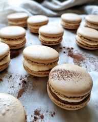 Fototapeta premium Delicate coffee macarons with cream filling, dusted with cocoa powder, close-up on baking sheet