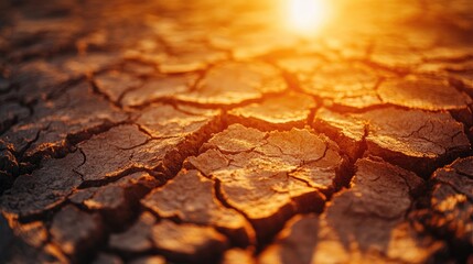 Obraz premium Dry cracked earth under a scorching sun, symbolizing the severe effects of drought on land.