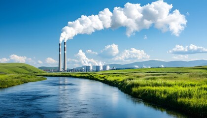A scenic view featuring twin smokestacks emitting white smoke against a blue sky, with lush greenery and a river in the foreground.