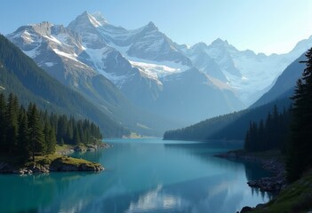 Naklejka premium Lake with Pine Forests and Snow Capped Mountains