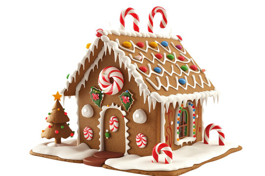 Gingerbread house with Christmas candy cane decorations on the roof and walls, isolated on a transparent background.