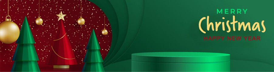 3d Podium round stage style, for Merry Christmas and happy new year on green color background