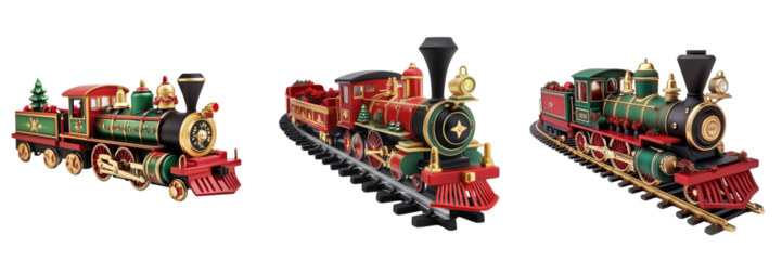 Set of a Christmas toy train, isolated on a transparent background.