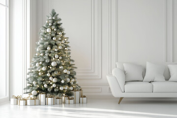 Christmas tree, white decorations, presents, modern living room, minimalist interior, holiday decor, copy space concept