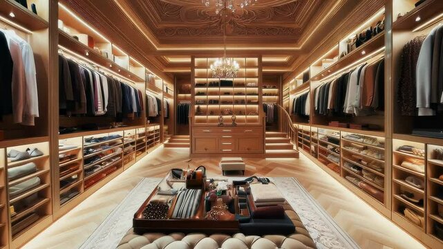 Expansive walk-in closet in the villa, rows of designer clothing, custom made wooden shelves, velvet-lined jewelry drawers, ambient lighting