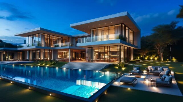 Luxury exterior of modern villa with glass windows, lawn, large infinity pool and designer outdoor furniture