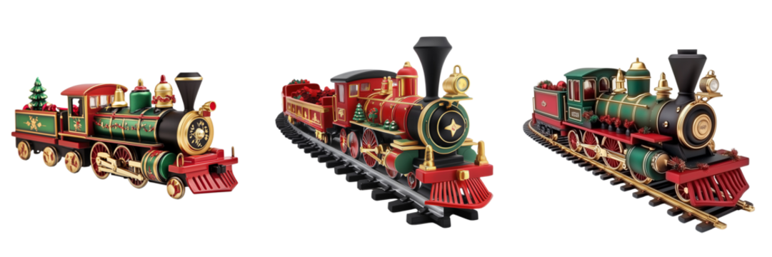 Set of a Christmas toy train, isolated on a transparent background.