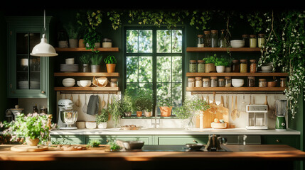 specific angle shot, a highly detailed photo of the English Cottage kitchen with dining room in the background, Idea  Bring the outdoors in by decorating with fresh flowers, houseplants, and herbs.