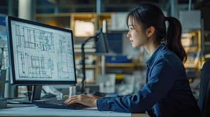 Architect Woman Working on Computer with Blueprint
