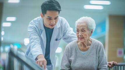 Doctor assisting elderly patient in hospital hallway