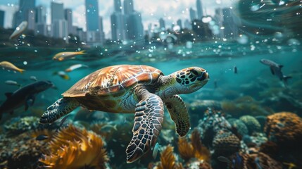 Majestic sea turtle gracefully swimming through a vibrant and colorful coral reef ecosystem in the tropical blue ocean showcasing the beauty and wonder of the underwater world