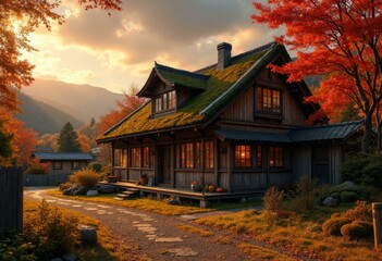 Traditional Wooden House in Autumn Foliage with Mountains