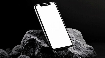 Blank phone screen mockup floating on top of rock against dark modern background