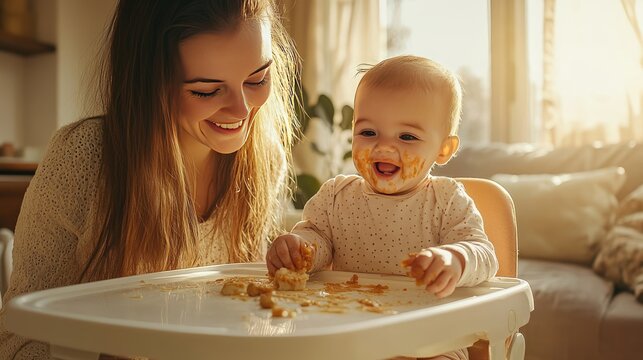 Happy Mother Feeding Baby in High Chair with Messy Food