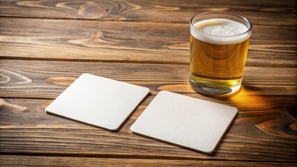 Two blank square beer coasters on a wooden table background