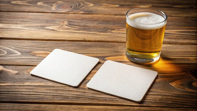 Two blank square beer coasters on a wooden table background